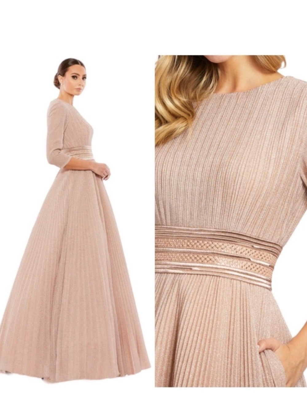 Mac Duggal Blush Pink Pleated Metallic Waist Gown